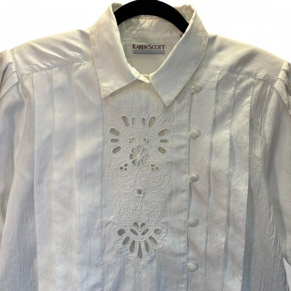 90s Vintage Lace Cutout Pintuck Blouse w/Asymmetrical Buttons size 14 - Picture 5 of 11